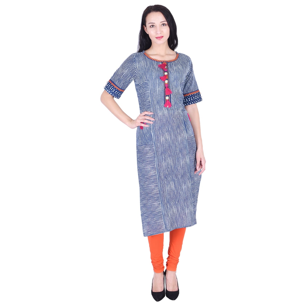 Women kurti Half Calf stripe Kurti for Womens and Girls Simple Round Neck  Half Sleeves Short